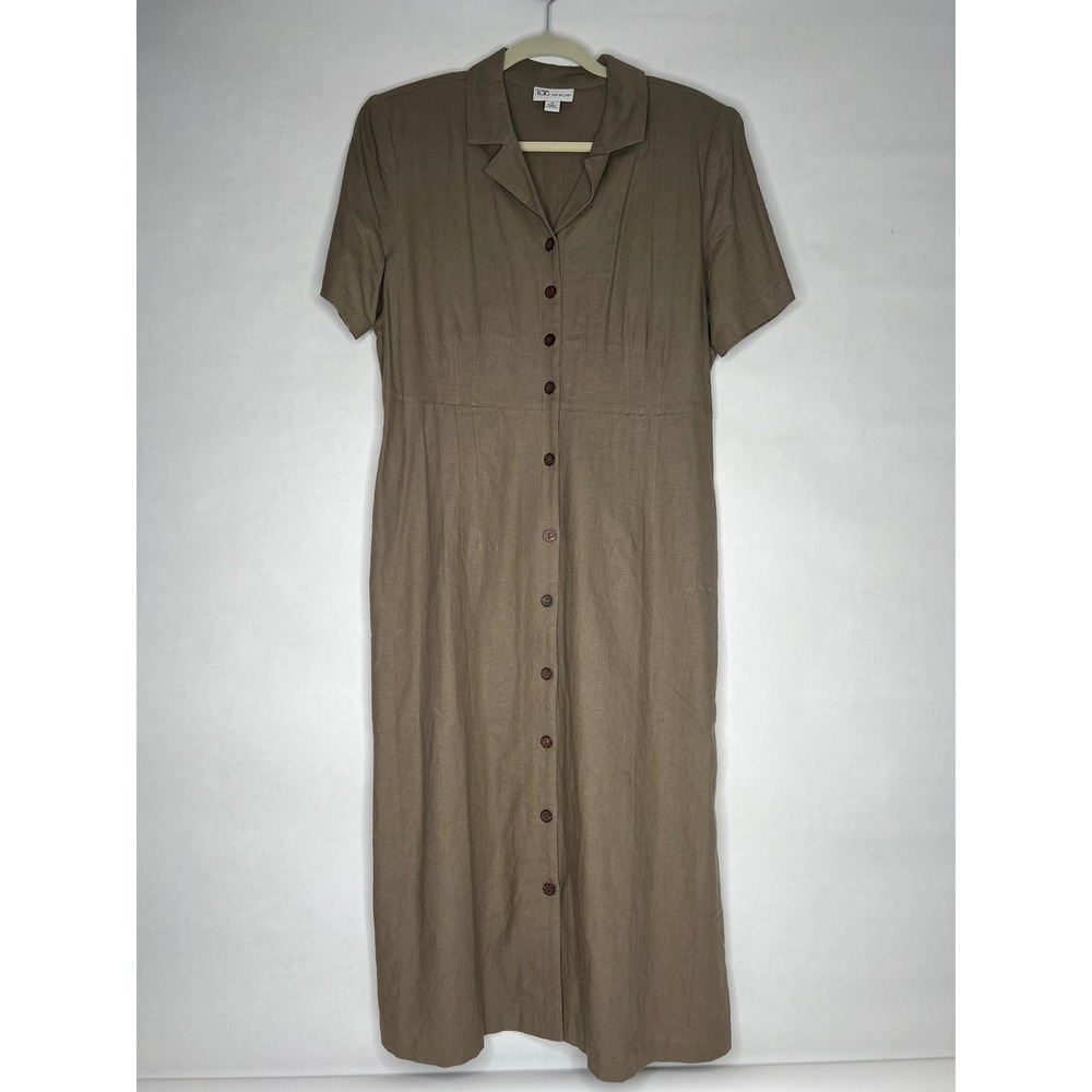 The TCG Shop Women's Button Up Collared Midi Dress Size 12 Linen‎ Blend Khaki
